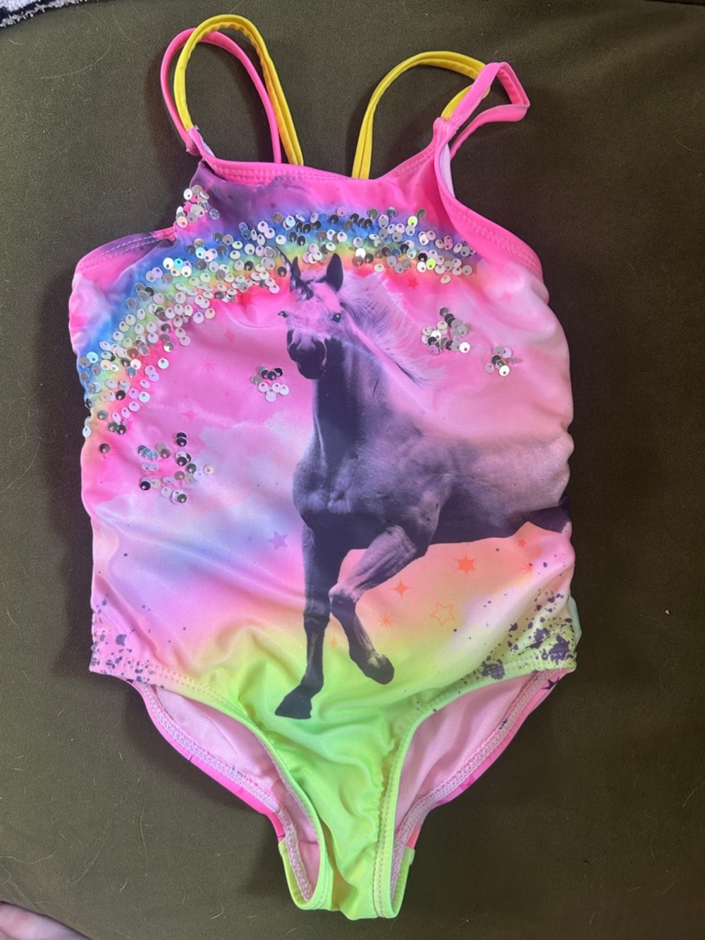 Girls Rainbow Unicorn Sequin One-Piece Swimsuit - Neon Pink & Green